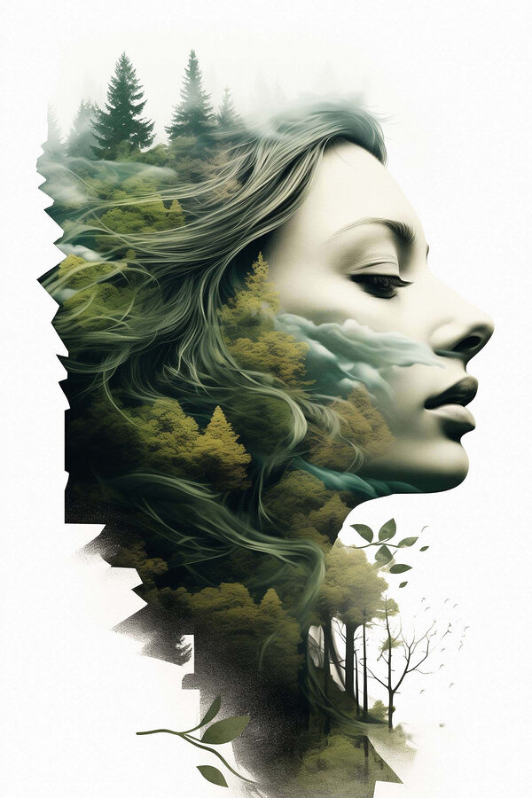 Vrouw’s gezicht met bomen en wolken Vrouw’s gezicht met bomen en wolken