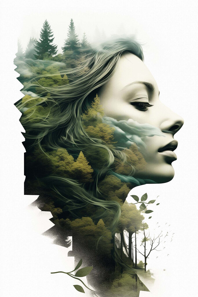 Woman's face with trees and clouds