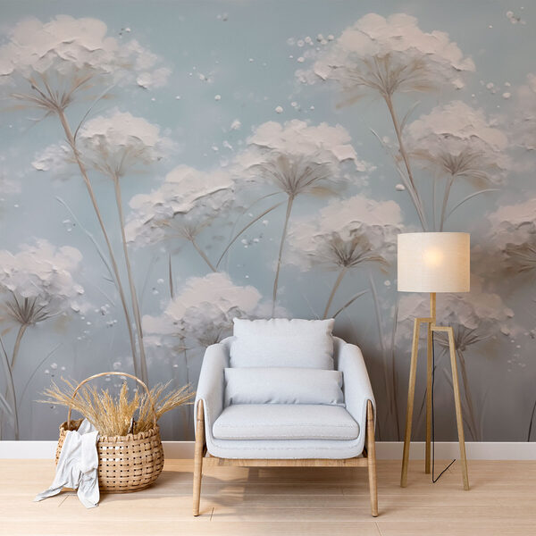 Fotobehang Schilderij van bloemen op een blauwe achtergrond (Artikelnummer: w03304) Fotobehang Fotobehang Schilderij van bloemen op een blauwe achtergrond (Artikelnummer: w03304)