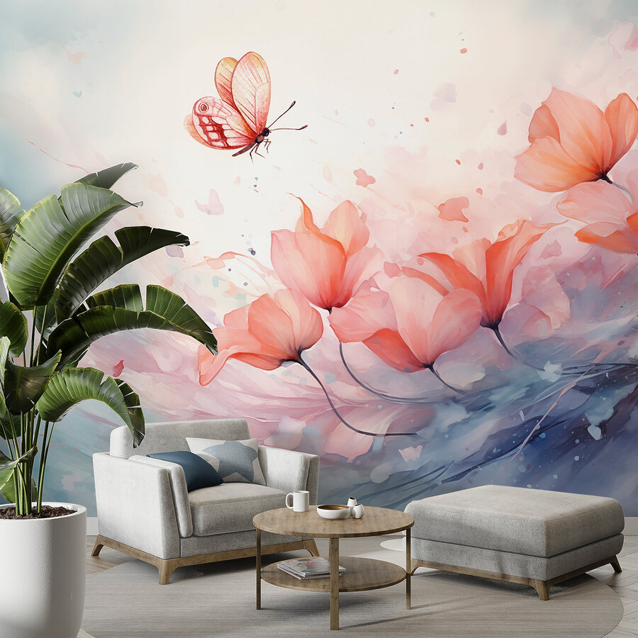 Vlinder vliegt over bloemen