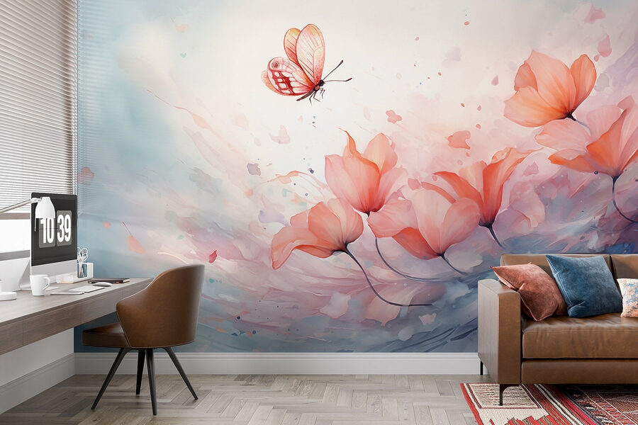 Vlinder vliegt over bloemen