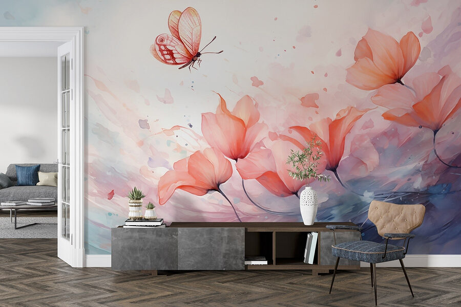 Vlinder vliegt over bloemen