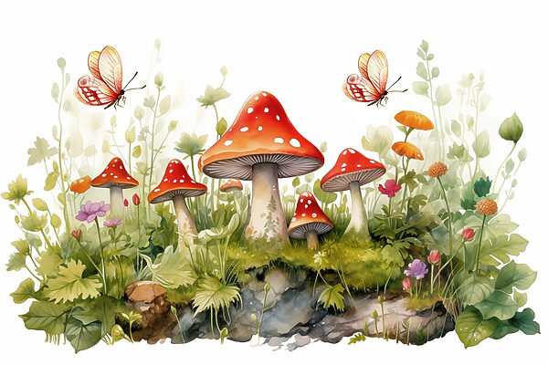 Schilderij van paddenstoelen en vlinders Schilderij van paddenstoelen en vlinders