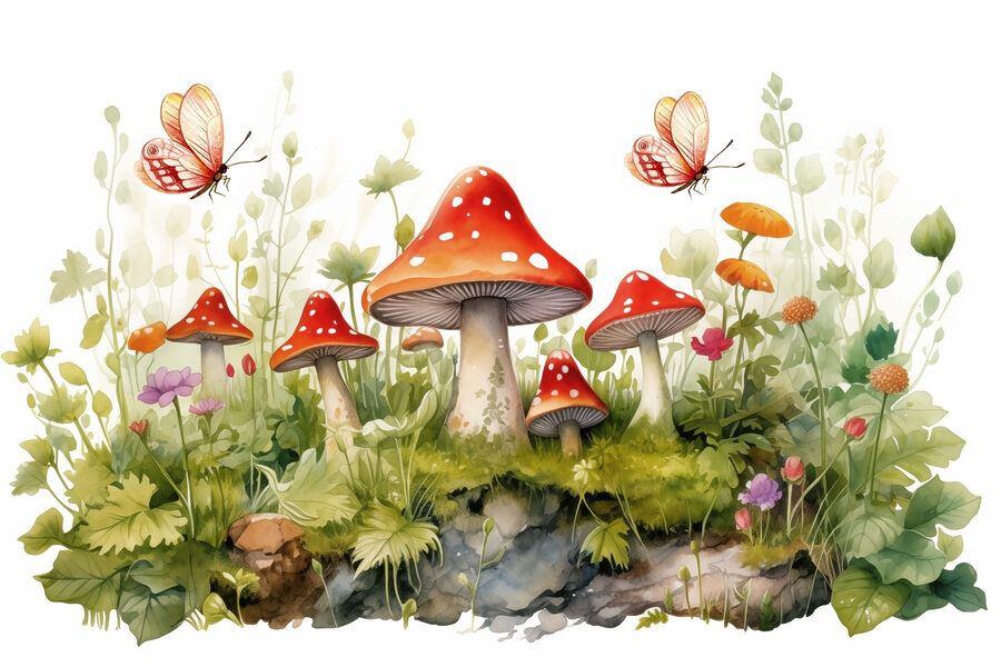 Schilderij van paddenstoelen en vlinders
