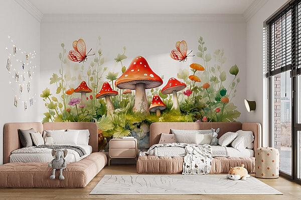 Schilderij van paddenstoelen en vlinders Schilderij van paddenstoelen en vlinders
