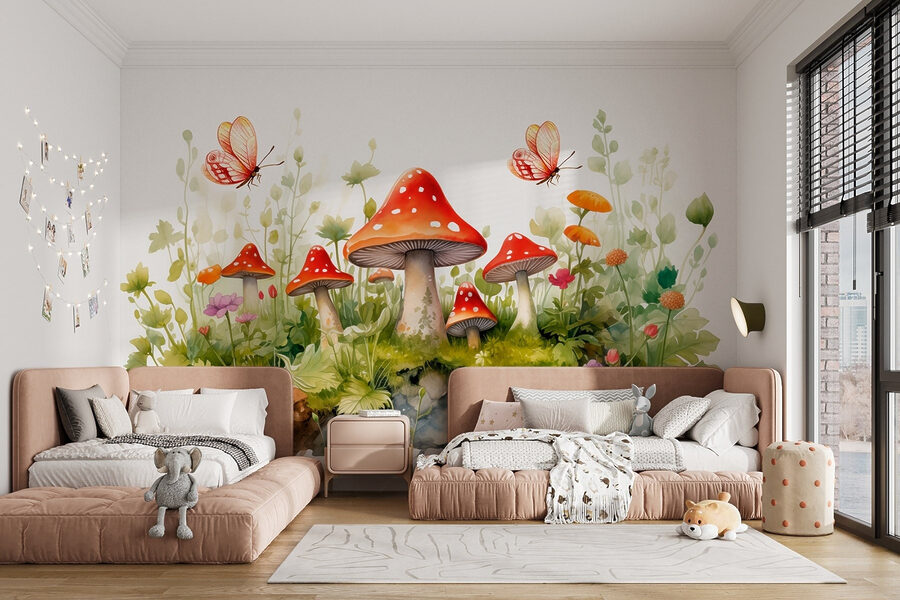 Schilderij van paddenstoelen en vlinders