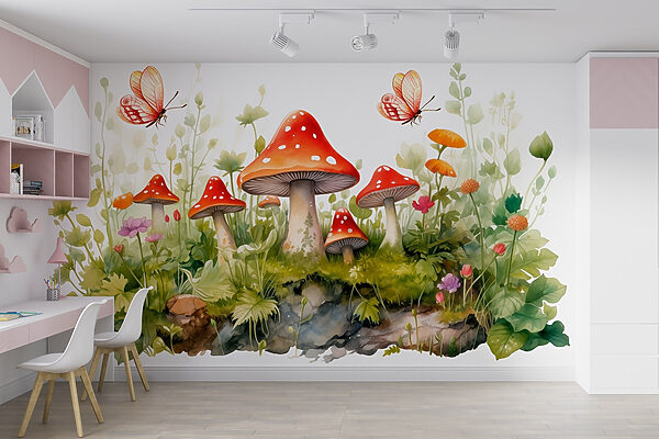 Schilderij van paddenstoelen en vlinders Schilderij van paddenstoelen en vlinders