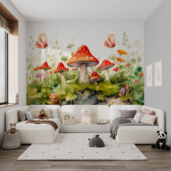 Schilderij van paddenstoelen en vlinders Schilderij van paddenstoelen en vlinders