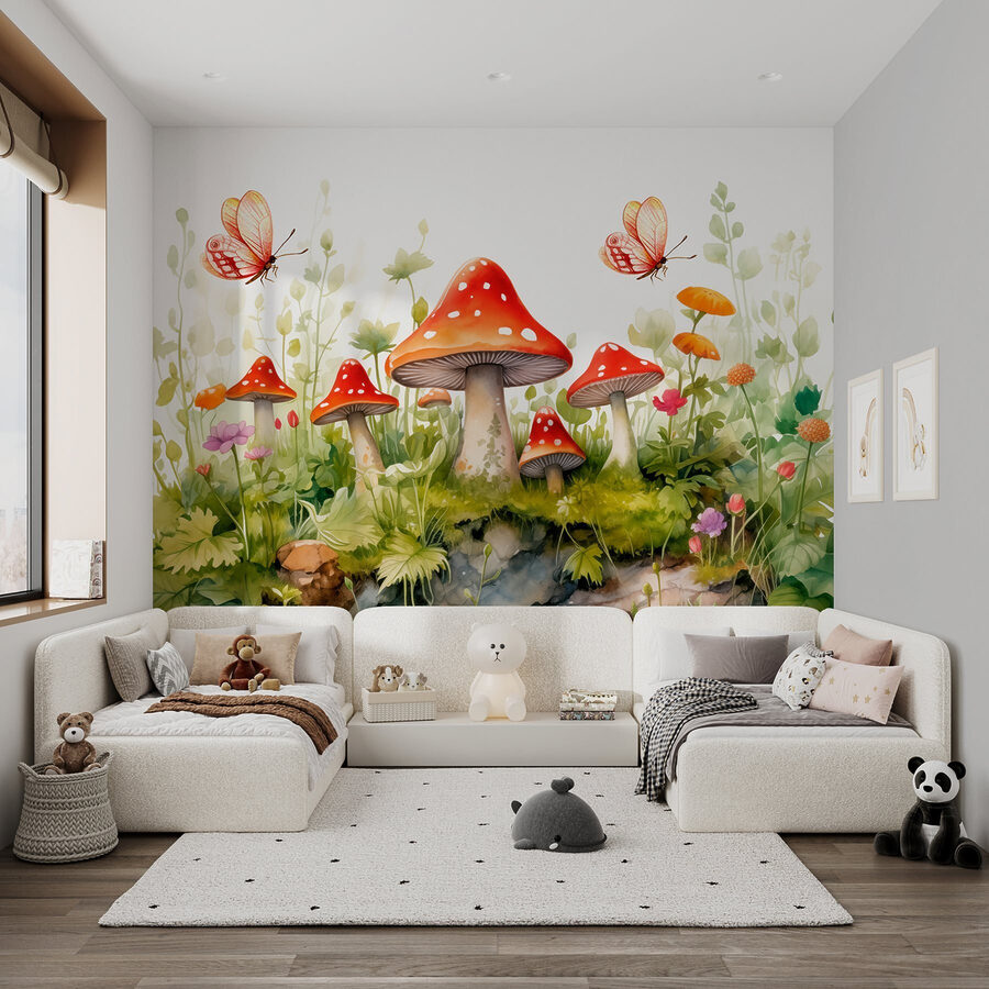 Schilderij van paddenstoelen en vlinders