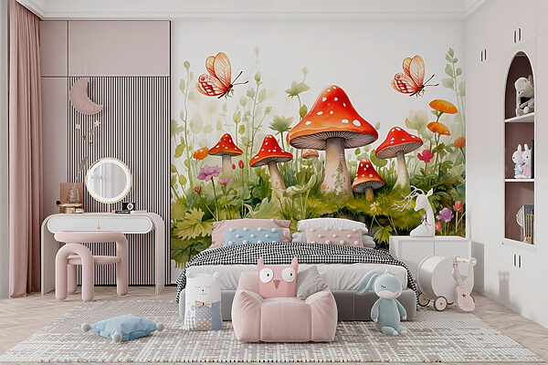 Schilderij van paddenstoelen en vlinders Schilderij van paddenstoelen en vlinders
