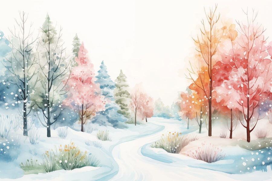 Aquarelverfschilderij van een besneeuwde weg met bomen