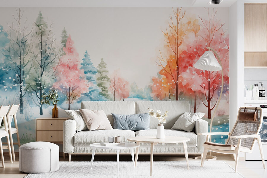 Aquarelverfschilderij van een besneeuwde weg met bomen