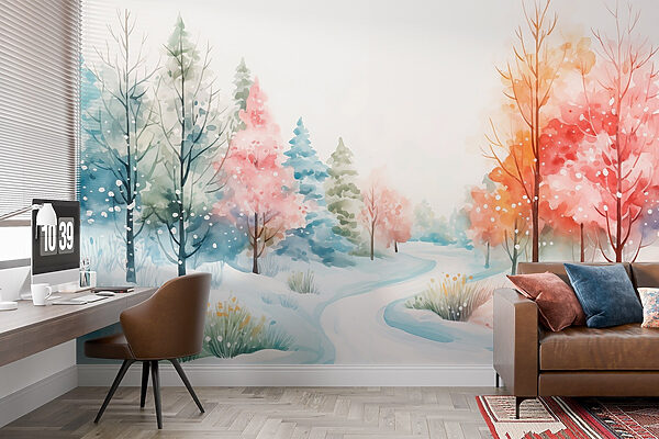 Aquarelverfschilderij van een besneeuwde weg met bomen Aquarelverfschilderij van een besneeuwde weg met bomen