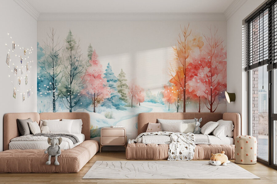 Aquarelverfschilderij van een besneeuwde weg met bomen