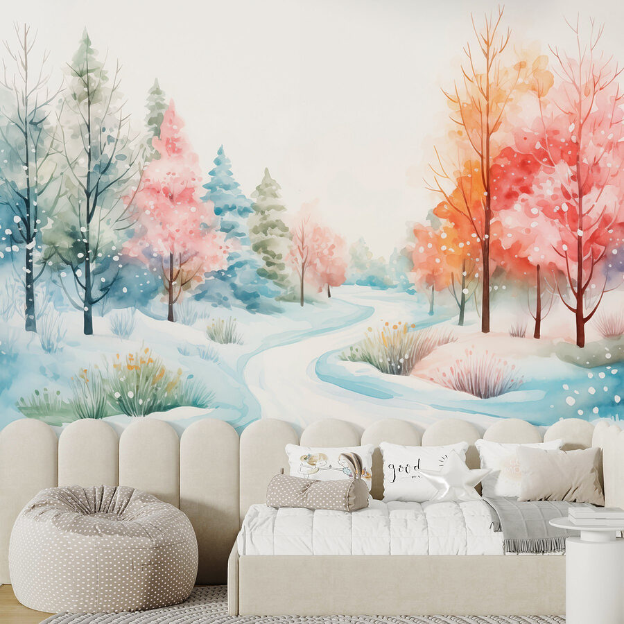 Aquarelverfschilderij van een besneeuwde weg met bomen