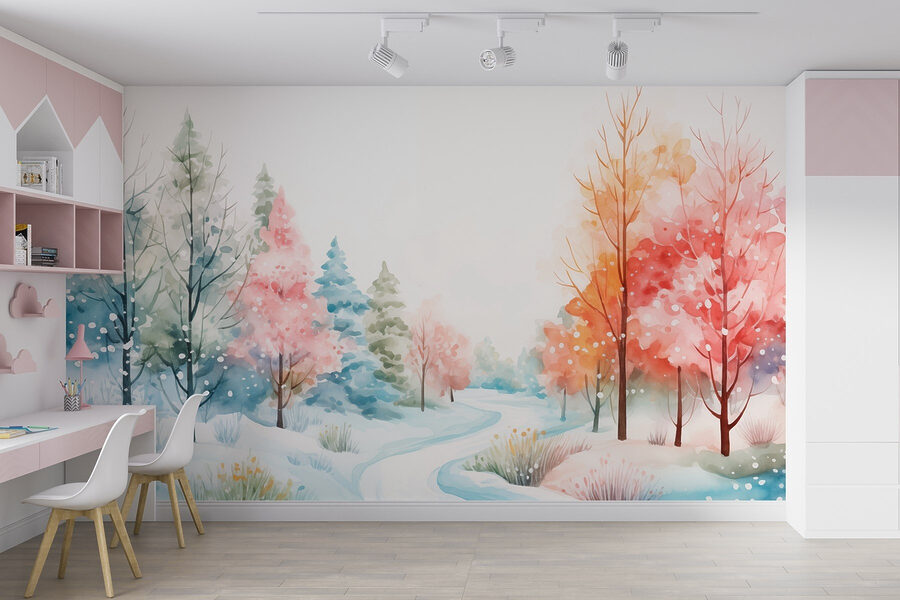 Aquarelverfschilderij van een besneeuwde weg met bomen