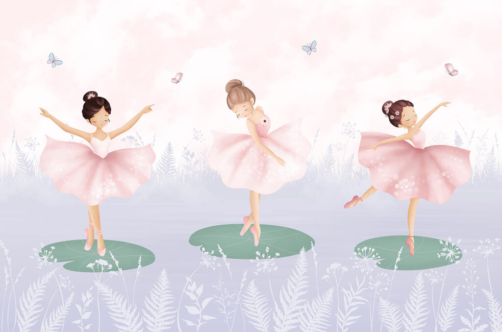 Groep meisjes in tutu-rokjes die op lelieblad dansen Groep meisjes in tutu-rokjes die op lelieblad dansen