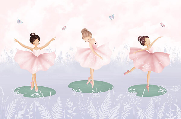 Groep meisjes in tutu-rokjes die op lelieblad dansen Groep meisjes in tutu-rokjes die op lelieblad dansen