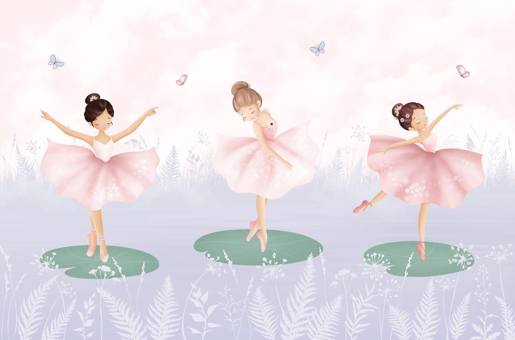 Group of girls in tutu skirts dancing on lily pads