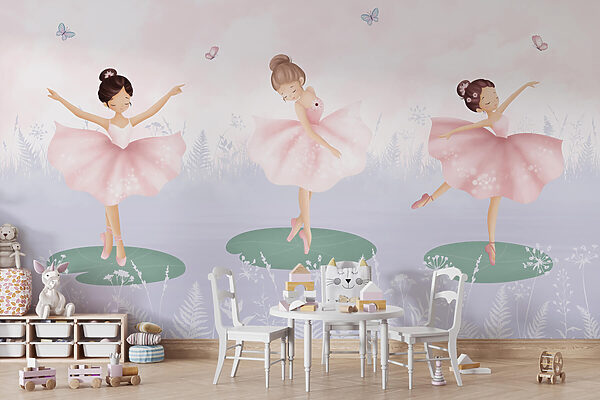 Groep meisjes in tutu-rokjes die op lelieblad dansen Groep meisjes in tutu-rokjes die op lelieblad dansen
