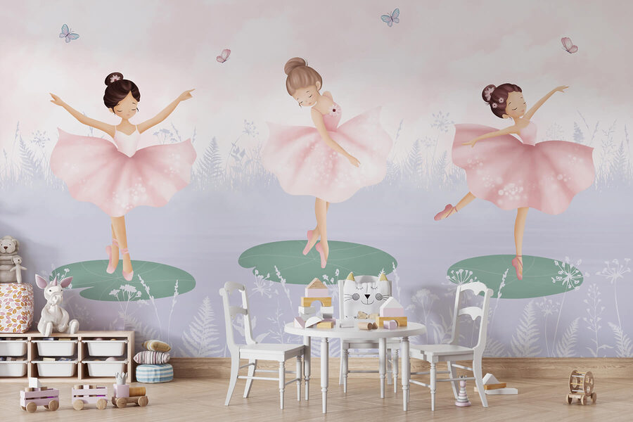 Groep meisjes in tutu-rokjes die op lelieblad dansen