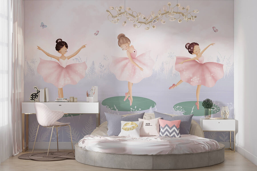 Groep meisjes in tutu-rokjes die op lelieblad dansen