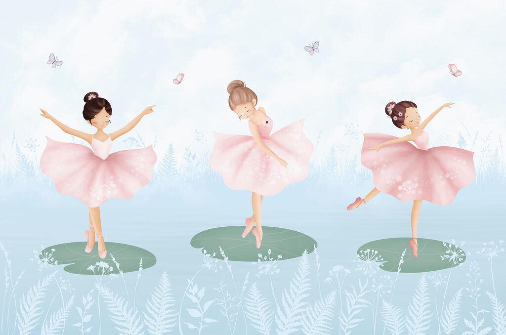 Groep meisjes in roze tutu dansend op lelieblad Groep meisjes in roze tutu dansend op lelieblad