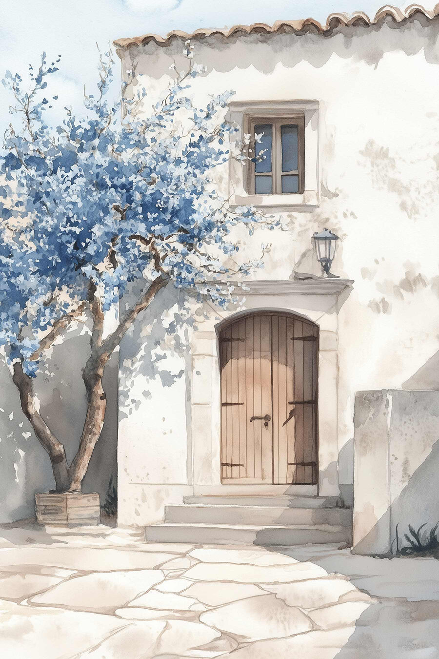 Aquarel van een huis met een boom en een deur