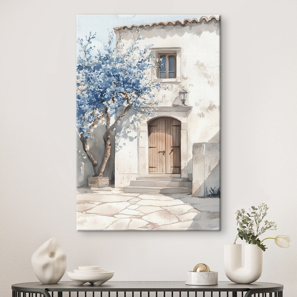 Watercolor painting of a house with a tree and a door