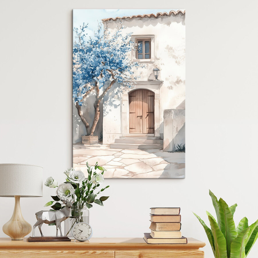 Aquarel van een huis met een boom en een deur