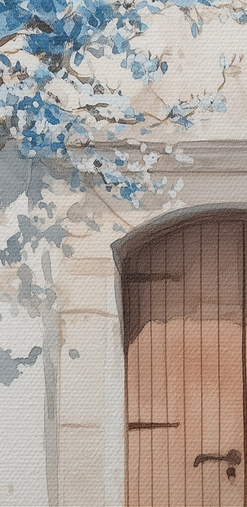 Watercolor painting of a house with a tree and a door