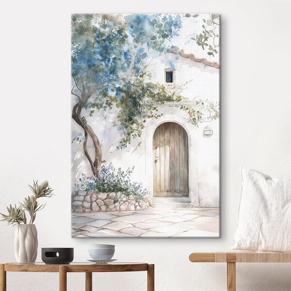 Schilderij van een deur en een boom op een muur Schilderij van een deur en een boom op een muur