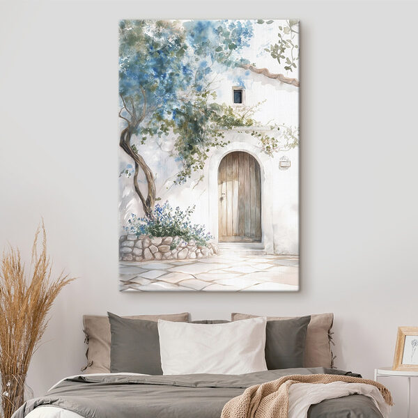 Schilderij van een deur en een boom op een muur Schilderij van een deur en een boom op een muur