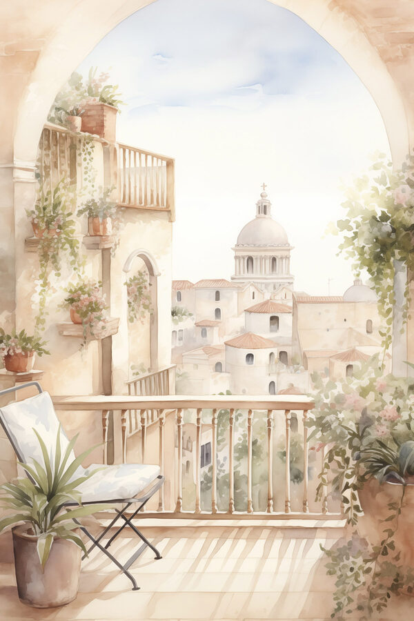 Aquarel van een balkon met uitzicht op een stad Aquarel van een balkon met uitzicht op een stad
