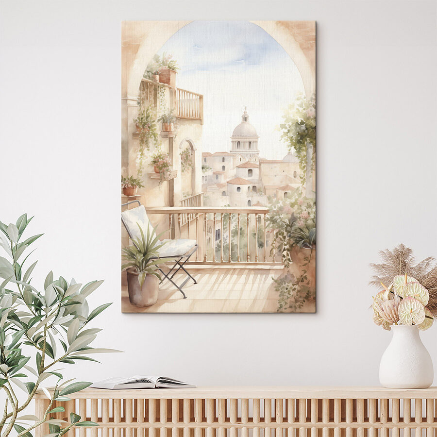 Aquarel van een balkon met uitzicht op een stad Aquarel van een balkon met uitzicht op een stad