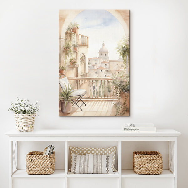 Aquarel van een balkon met uitzicht op een stad Aquarel van een balkon met uitzicht op een stad