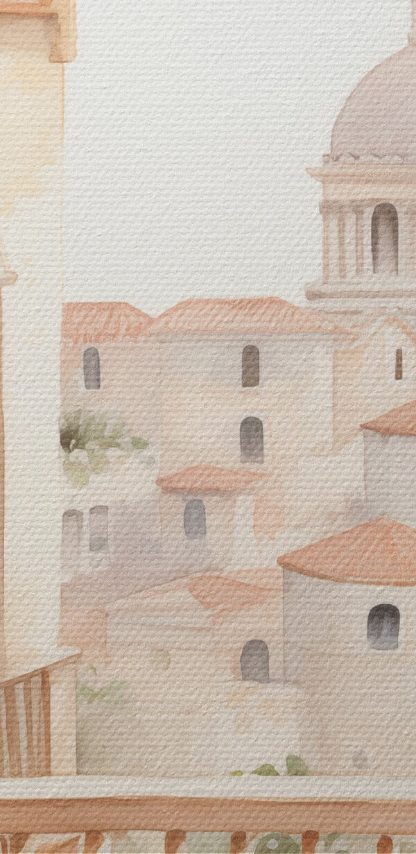 Aquarel van een balkon met uitzicht op een stad Aquarel van een balkon met uitzicht op een stad
