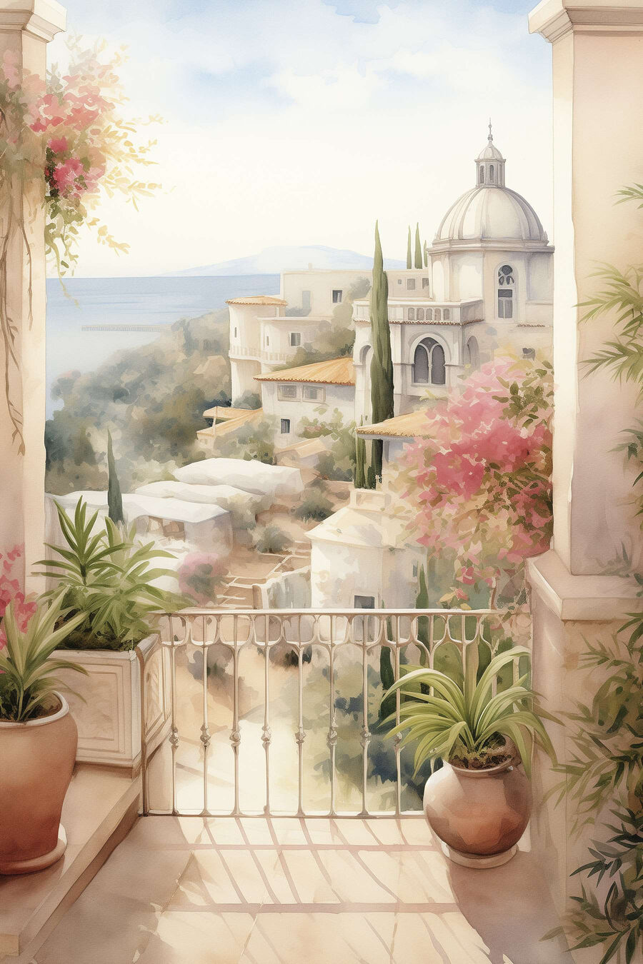 Aquarel van een balkon met uitzicht op een stad