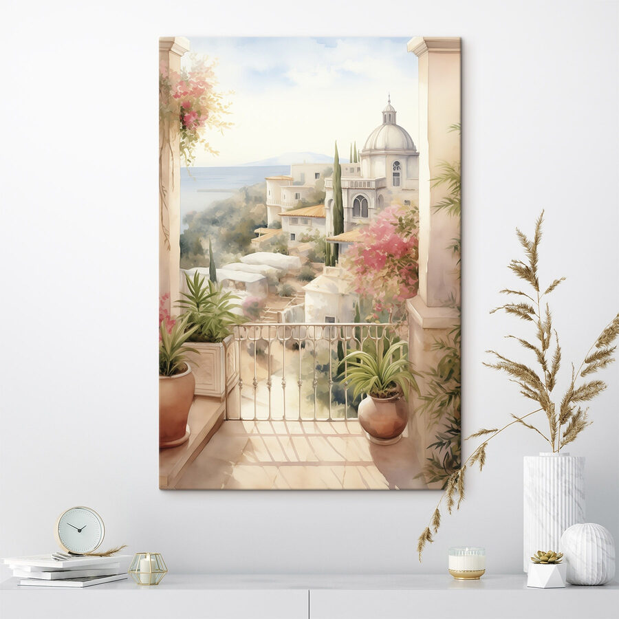 Aquarel van een balkon met uitzicht op een stad