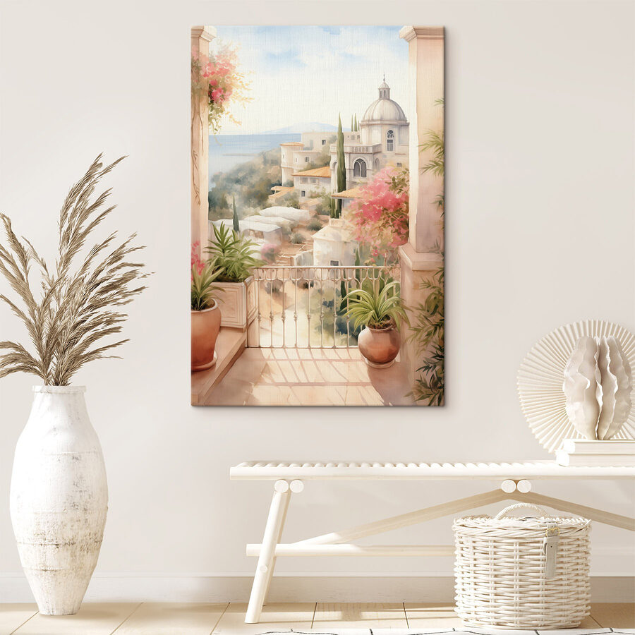 Aquarel van een balkon met uitzicht op een stad