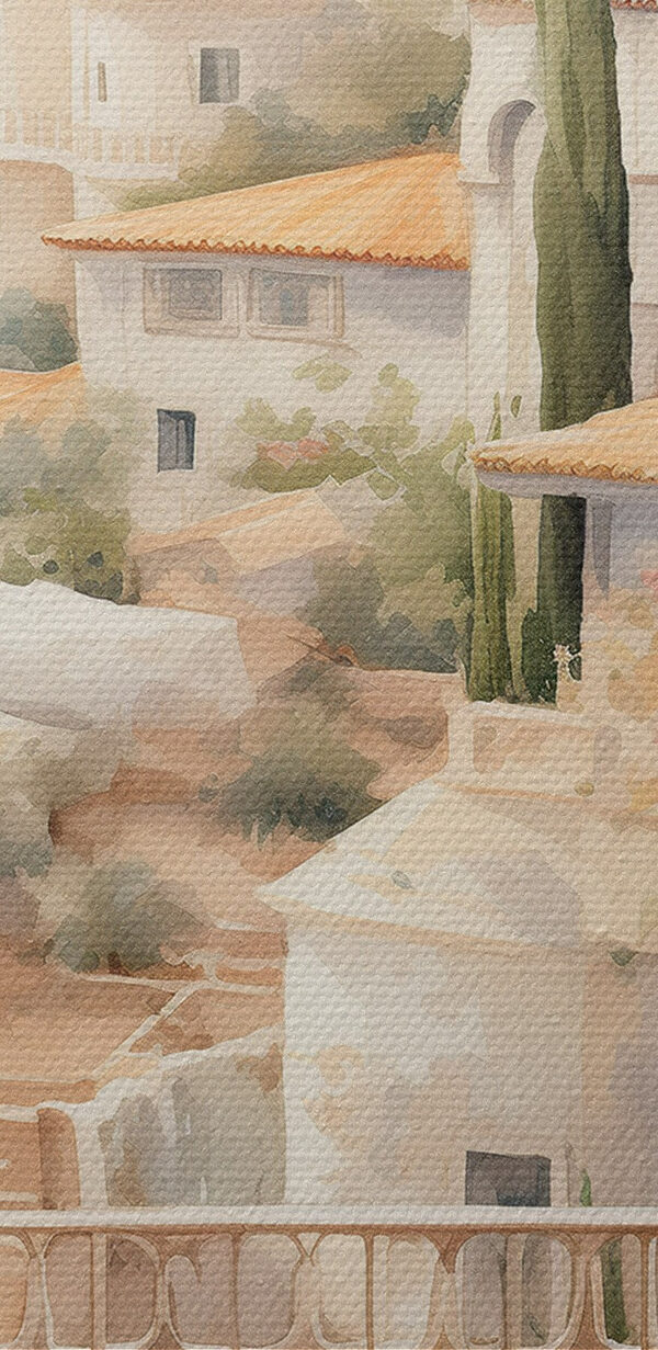 Aquarel van een balkon met uitzicht op een stad Aquarel van een balkon met uitzicht op een stad
