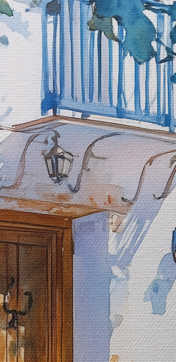 Aquarel van een gebouw met een boom en een balkon Aquarel van een gebouw met een boom en een balkon