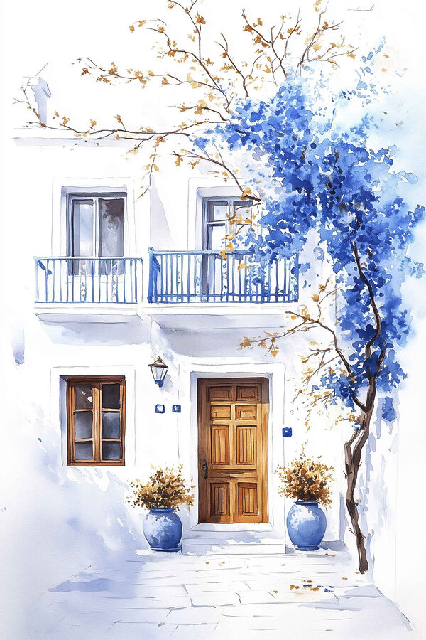Aquarelverfschilderij van een gebouw met een balkon en blauwe bloemen Aquarelverfschilderij van een gebouw met een balkon en blauwe bloemen