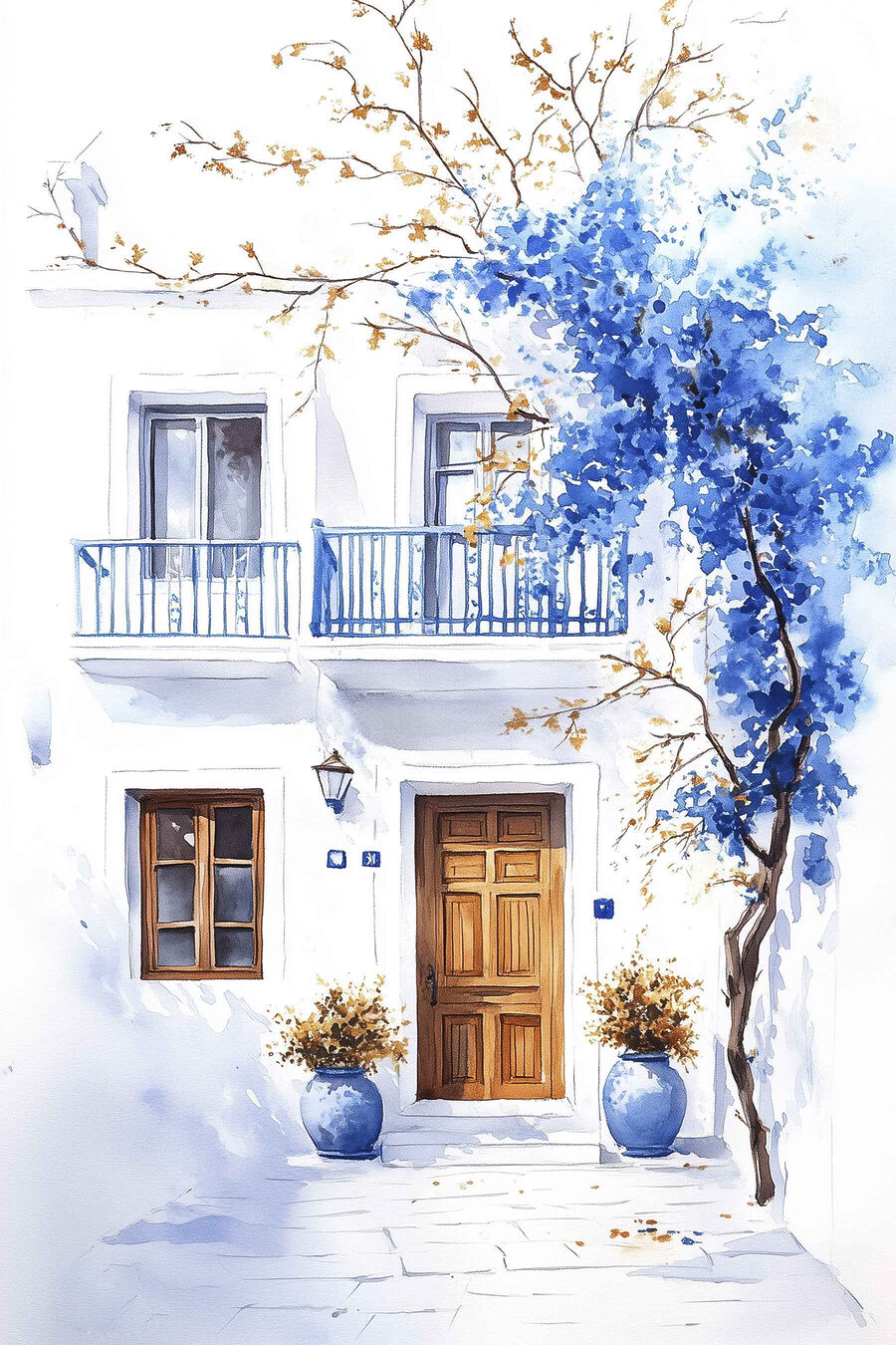 Aquarelverfschilderij van een gebouw met een balkon en blauwe bloemen