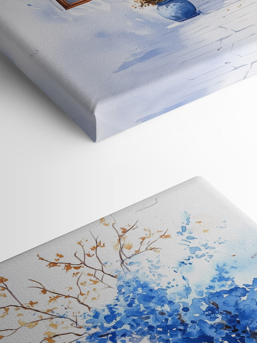 Aquarelverfschilderij van een gebouw met een balkon en blauwe bloemen