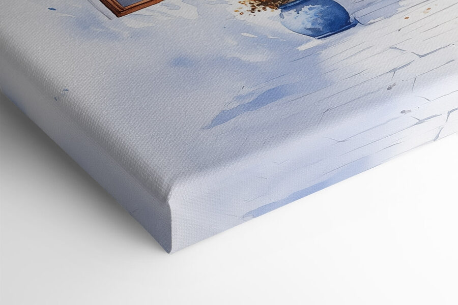 Aquarelverfschilderij van een gebouw met een balkon en blauwe bloemen