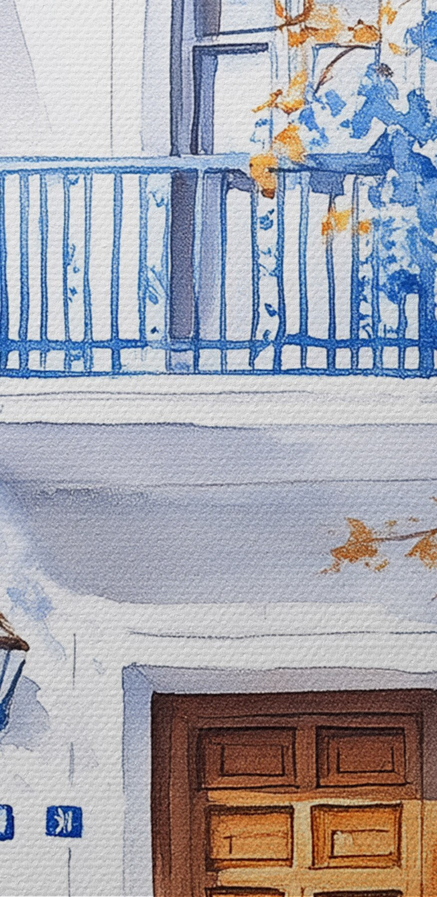 Aquarelverfschilderij van een gebouw met een balkon en blauwe bloemen