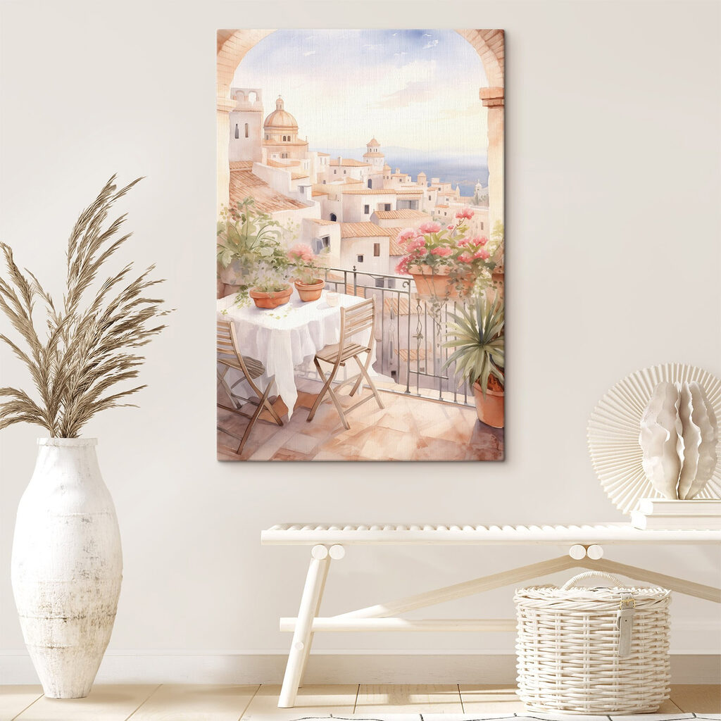Watercolor painting of a table and chairs on a balcony overlooking a city