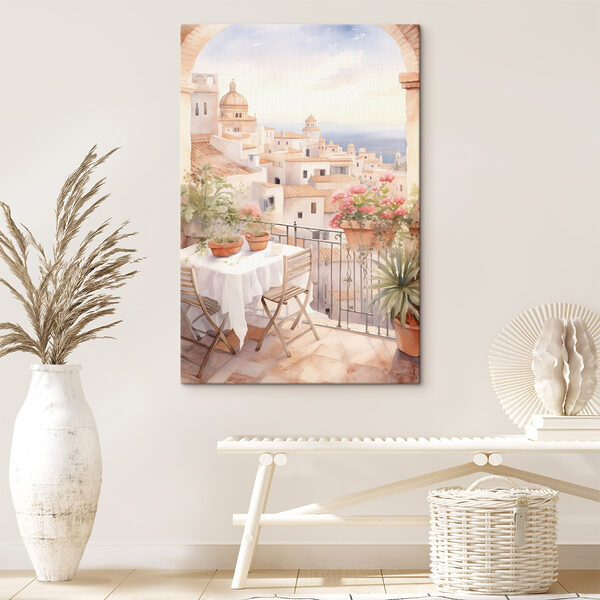 Aquarel schilderij van een tafel en stoelen op een balkon met uitzicht op een stad Aquarel schilderij van een tafel en stoelen op een balkon met uitzicht op een stad