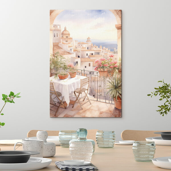 Aquarel schilderij van een tafel en stoelen op een balkon met uitzicht op een stad Aquarel schilderij van een tafel en stoelen op een balkon met uitzicht op een stad